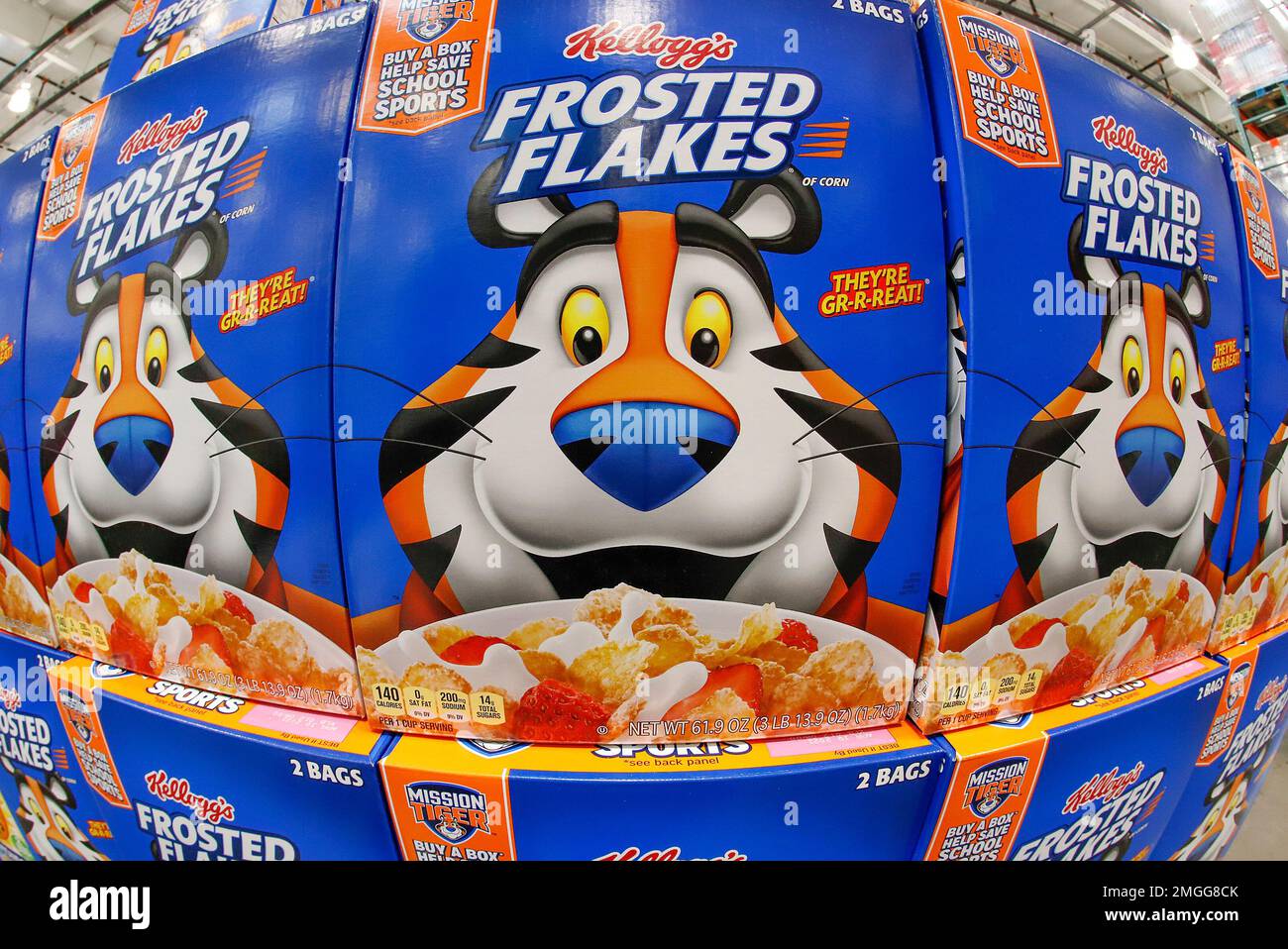 This is a display of Kellogg's Frosted Flakes cereal at a Costco