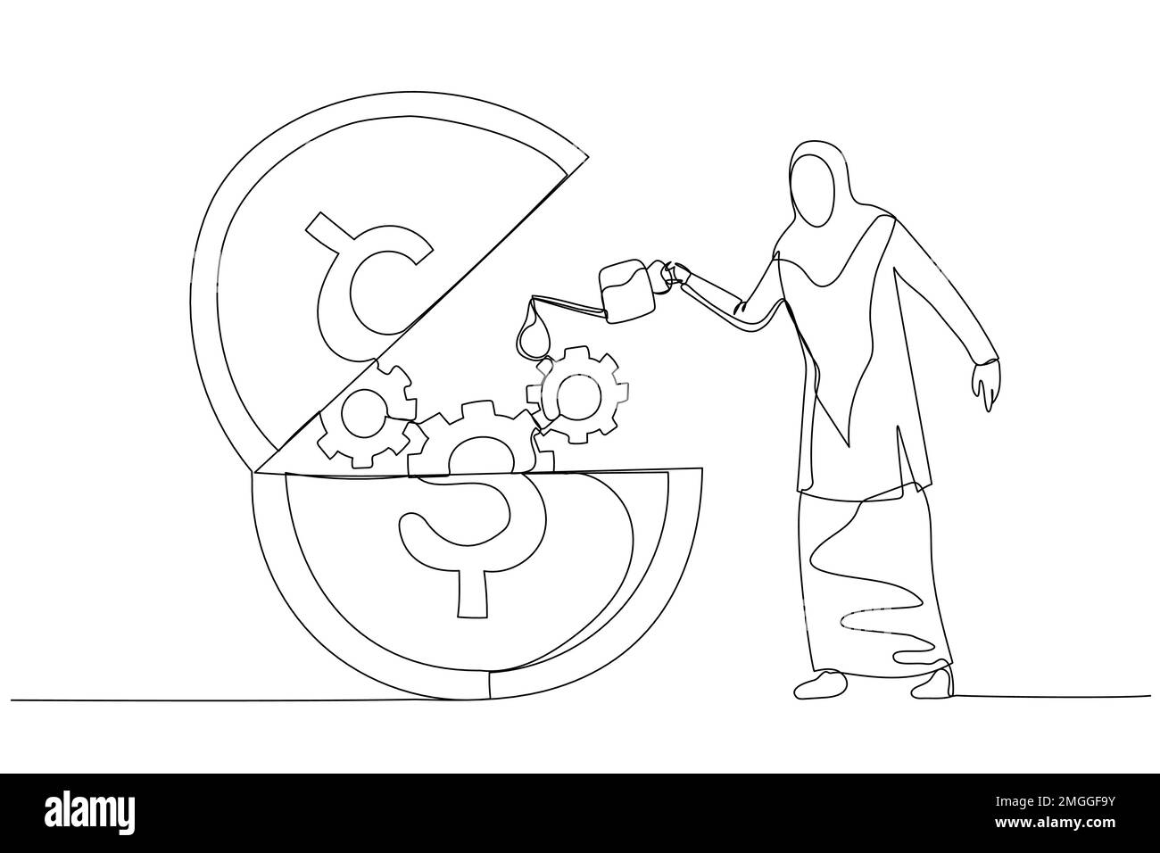 Drawing of muslim businesswoman put lubricant oil on opening gold coin concept of financial liquidity Stock Vector