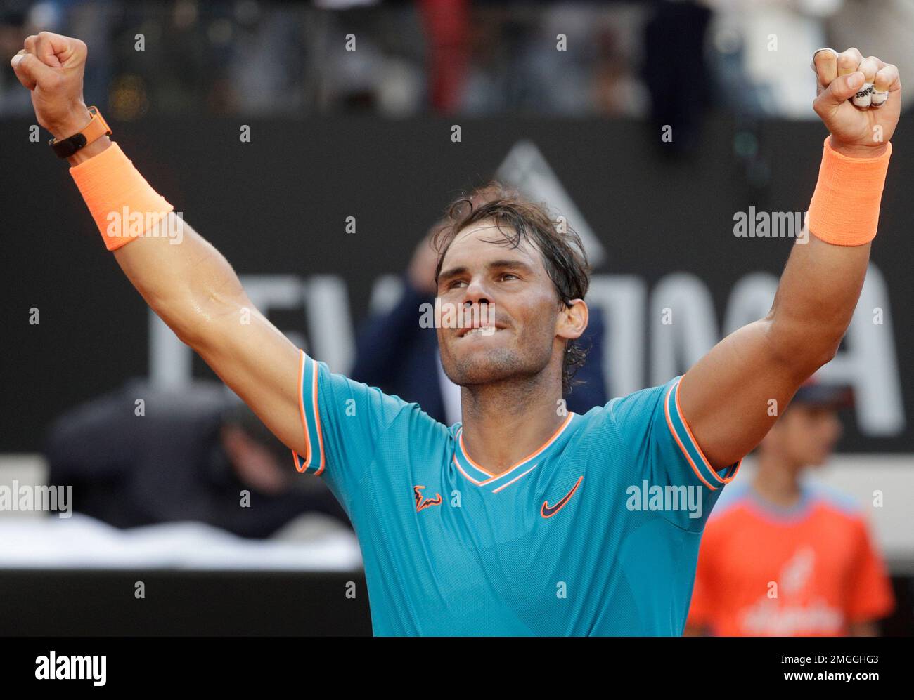 FILE - In this May 19, 2019, file photo, Rafael Nadal, of Spain, celebrates  after his victory over Novak Djokovic, of Serbia, at the end of their final  match at the Italian
