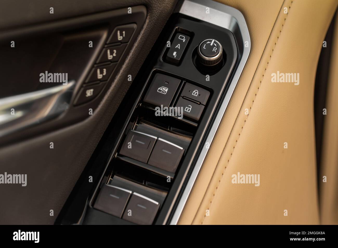 Car window control panel. Automatic power window up and down button