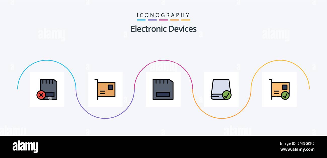 Devices Line Filled Flat 5 Icon Pack Including connected. card. gadget ...