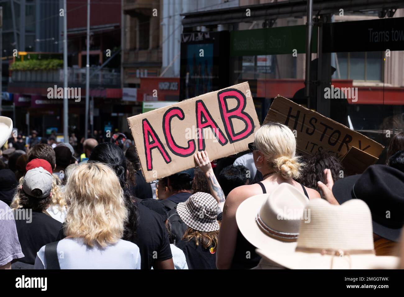 Melbourne Australia. 26th Jan 2023. Protests during Australia Day, sign showing anti-police sign. Adam G/Alamy Live News Stock Photo