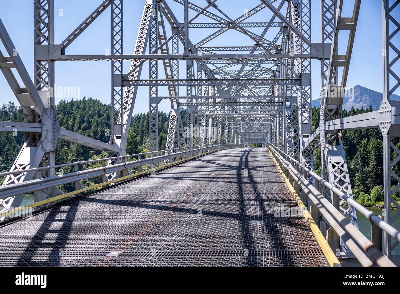 Silver metal truss transportation and cyclists bridge across Columbia River in Northwest Columbia River Gorge national reserve area with the famous wa Stock Photo
