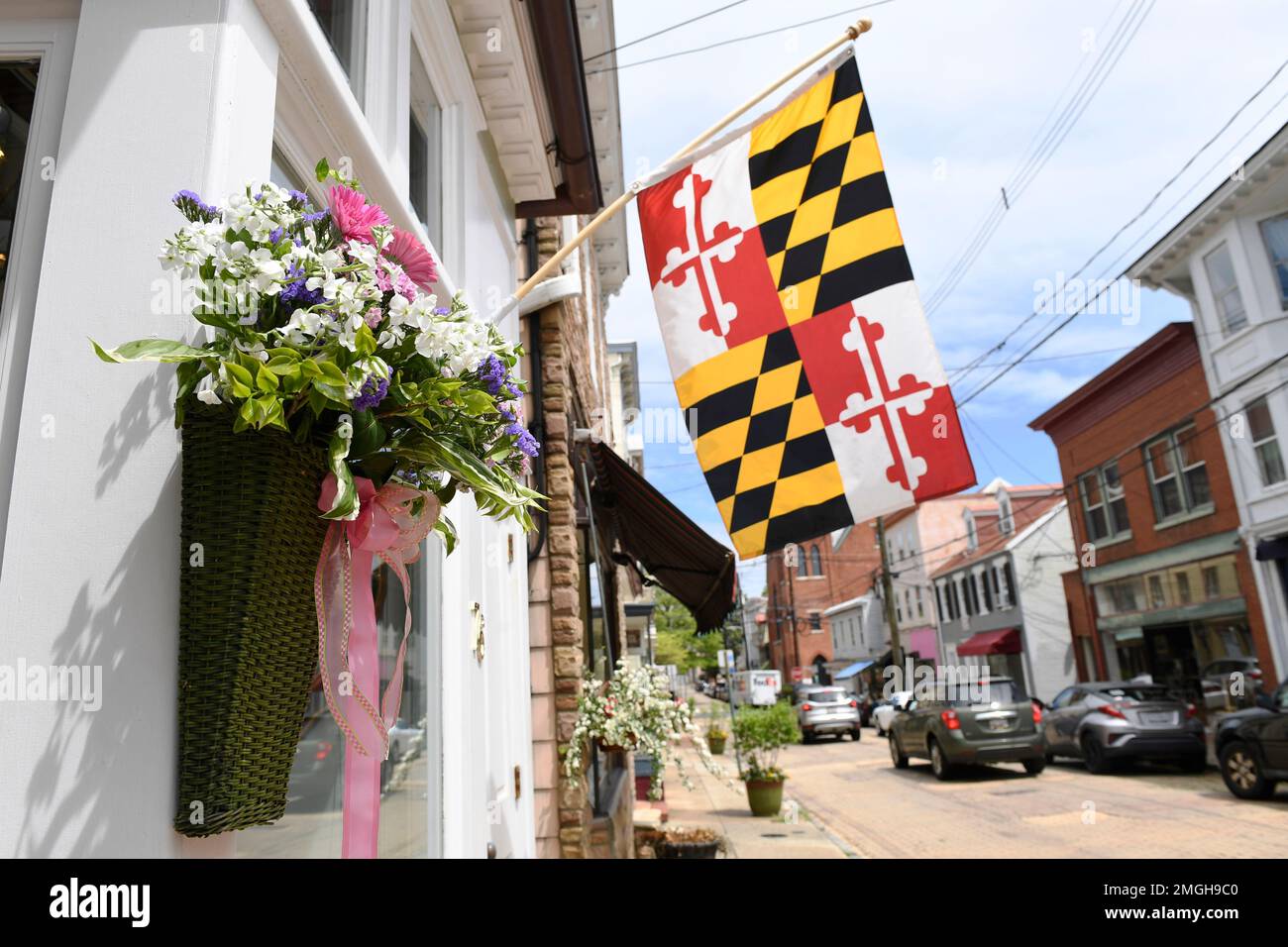 A May Day basket hangs outside on Maryland Avenue in Annapolis, Md
