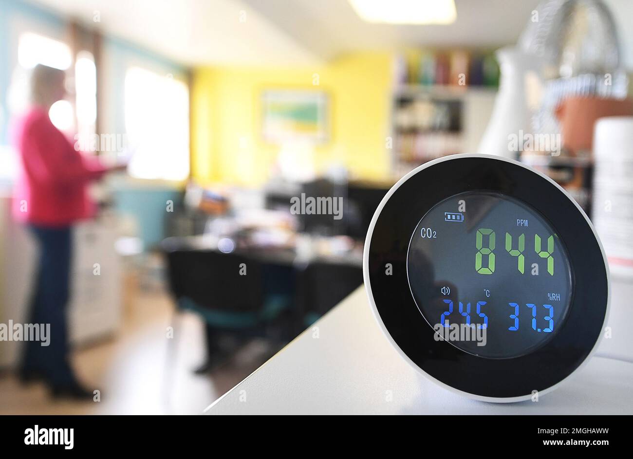 CO detector in an office, in a city hall. Device that detects the presence of the carbon monoxide gas to prevent carbon monoxide poisoning Stock Photo
