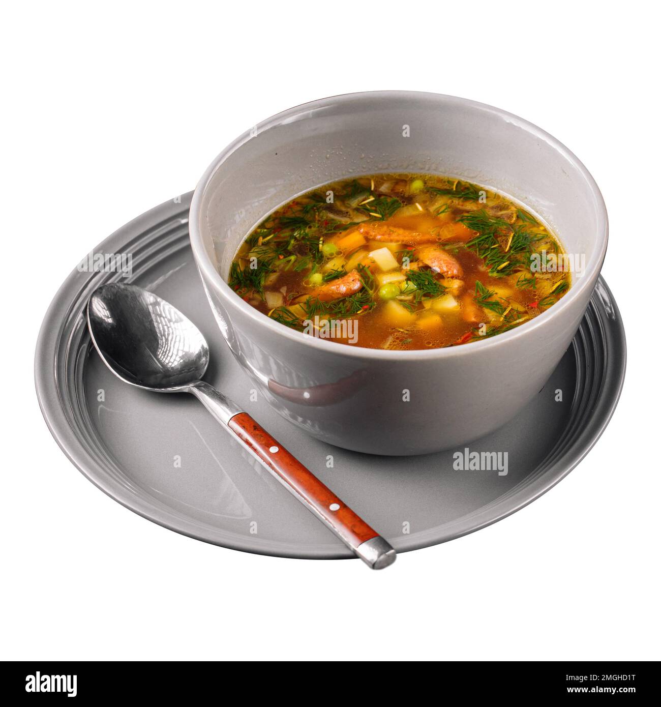 Portion of irish peasant soup with sausages Stock Photo
