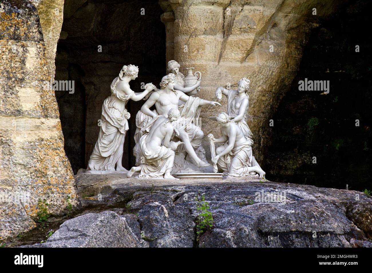 VERSAILLES, FRANCE - MAY 12, 2013: This is main sculpture group of the fountain Bath of Apollo. Stock Photo