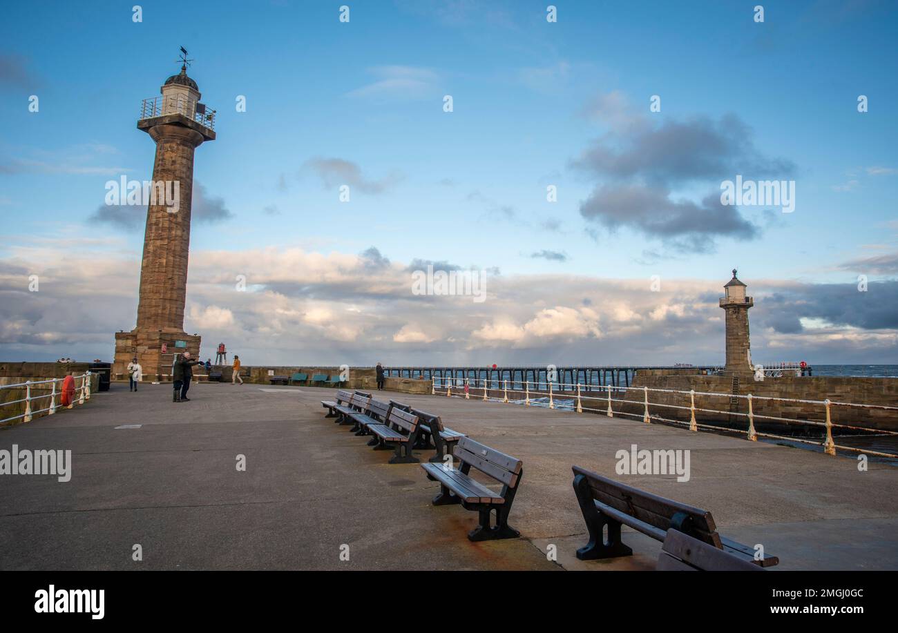 The Victorian lighthouses marking the entrance/exit from the port of Whitby, North Yorkshire, UK Stock Photo