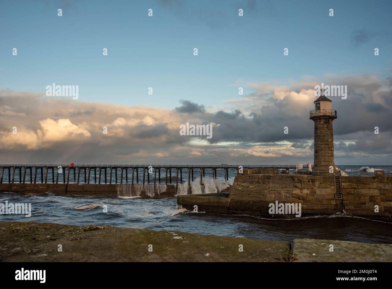 The Victorian lighthouses marking the entrance/exit from the port of Whitby, North Yorkshire, UK Stock Photo