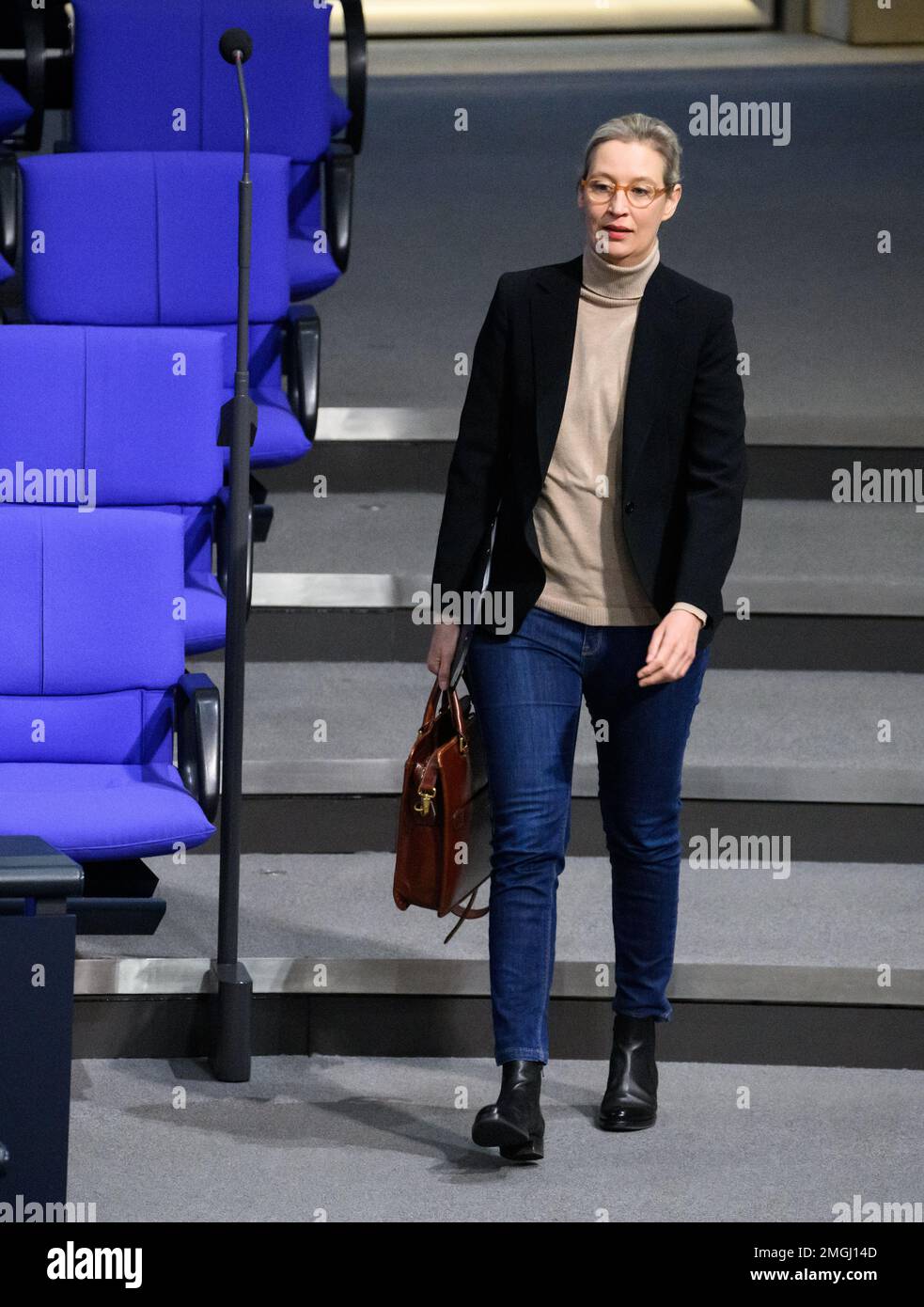 Berlin, Germany. 26th Jan, 2023. Alice Weidel, Chairwoman of the AfD  parliamentary group, arrives for the plenary session in the German  Bundestag. The main topics of the 82nd session of the 20th