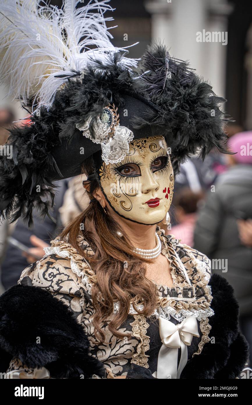 A woman in a dark medieval costume, a female carnival mask and a large chic hat with feathers at the carnival in Venice, Italy Stock Photo