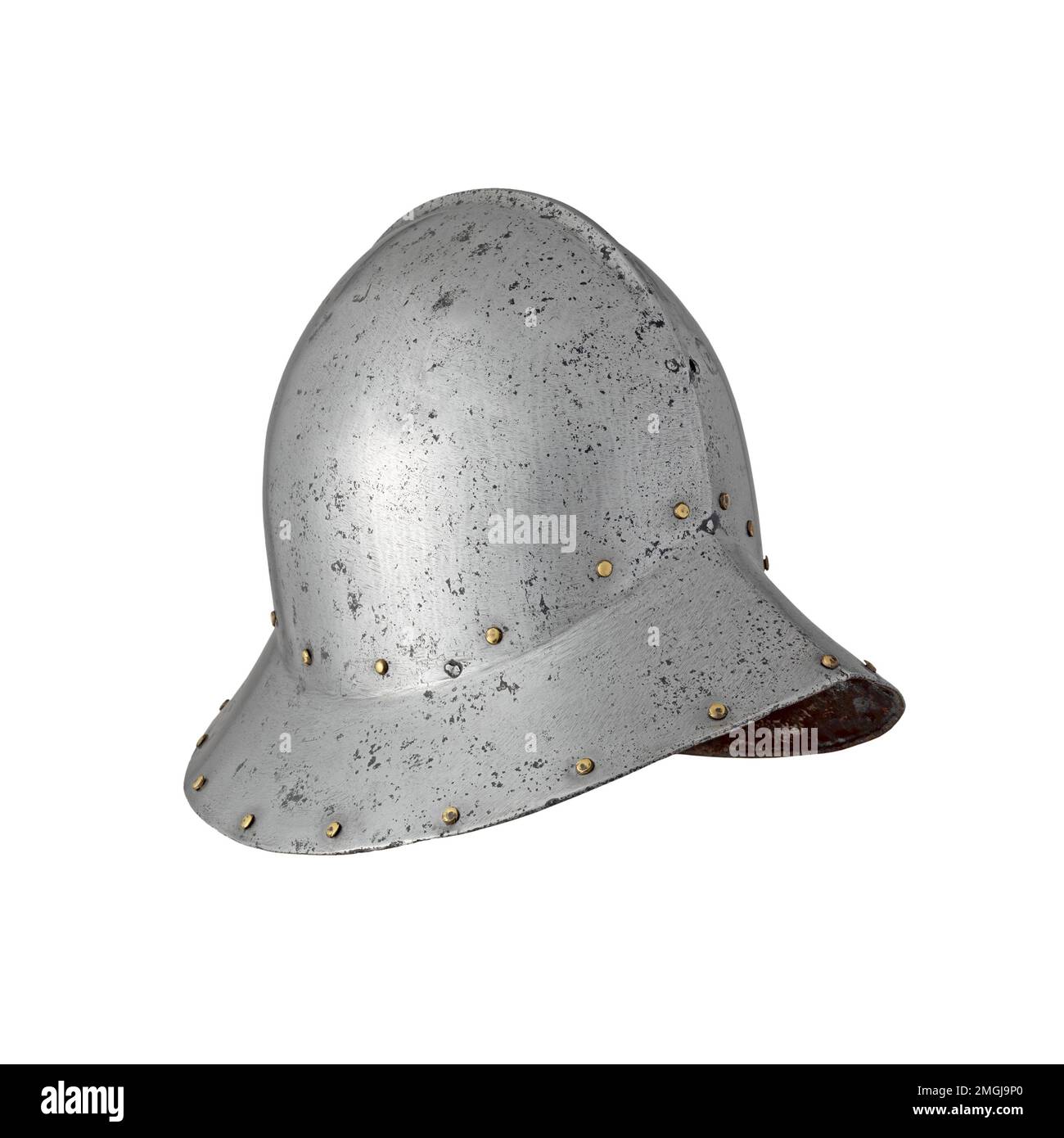 Iron Spanish war helmet from 15th century isolated on white background, medieval knight headdress closeup Stock Photo