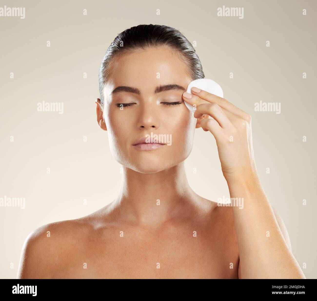 Skincare, face and beauty of woman with cotton for cleaning skin with