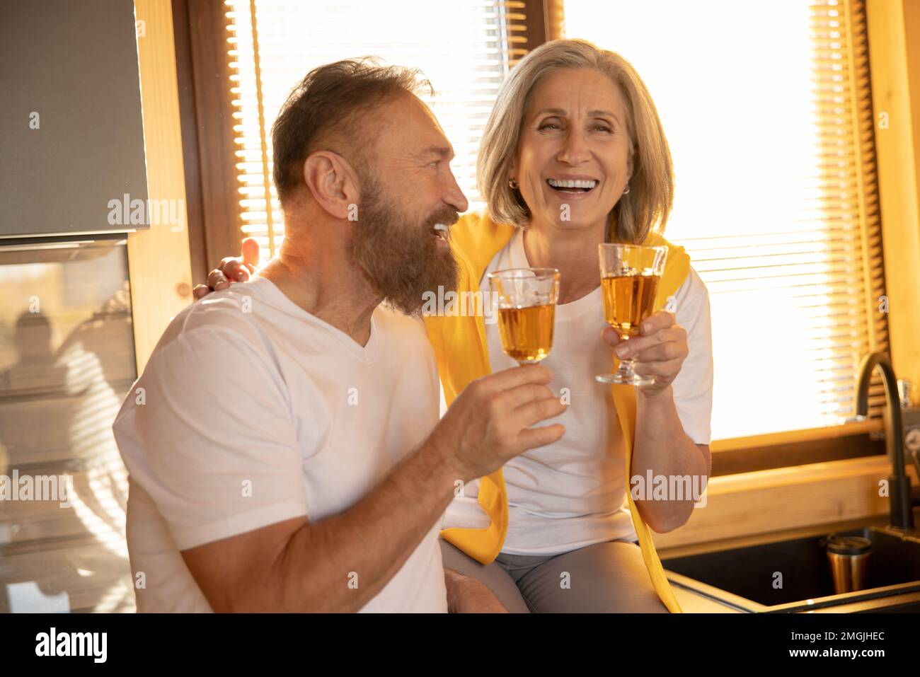 Married couple looking enjoyed and happy while having a glass of wine Stock Photo