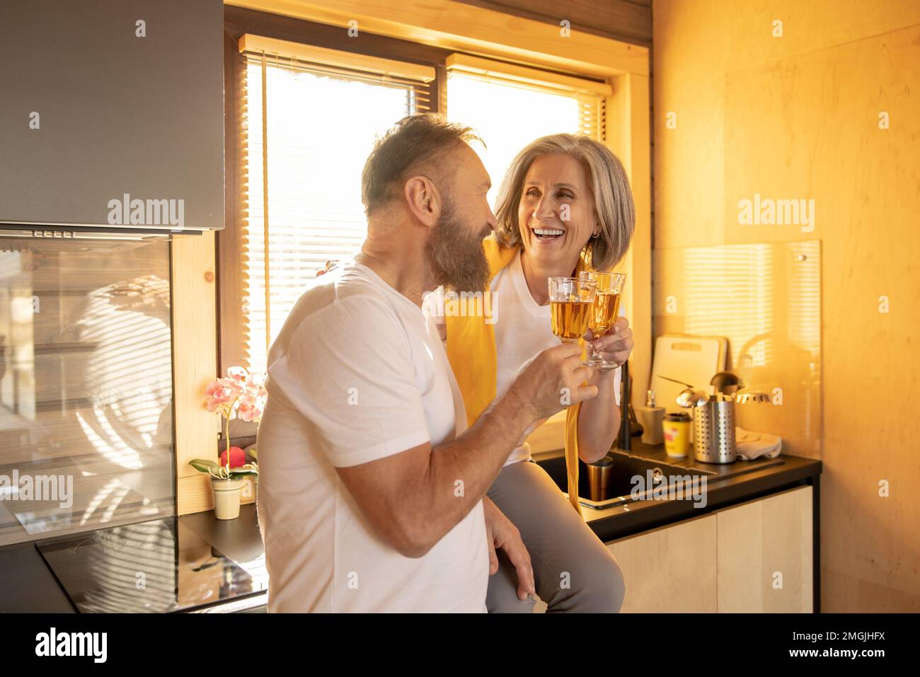 Married couple looking enjoyed and happy while having a glass of wine Stock Photo