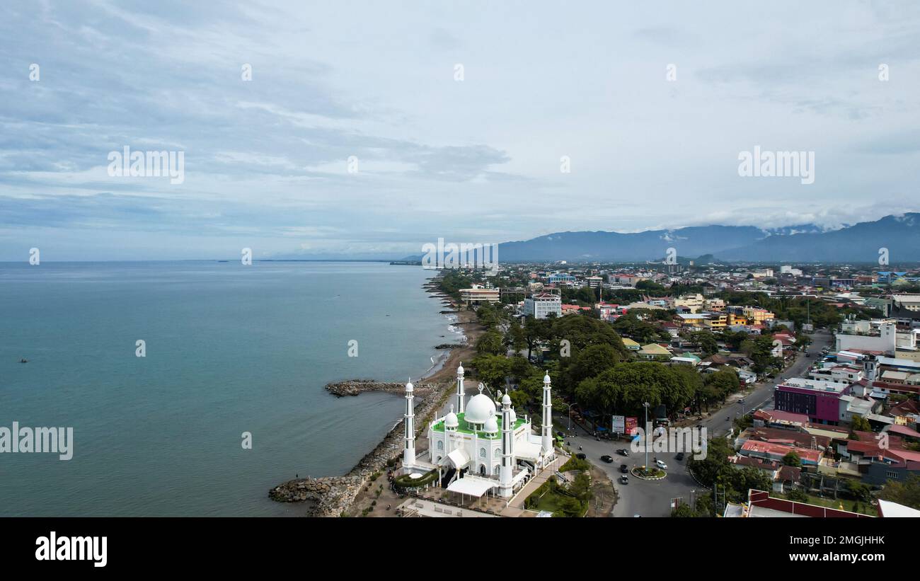 Aerial view of Al-Hakim Mosque Largest Masjid in Padang, Ramadan Eid Concept background, Beautiful Landscape mosque, Islamic background Mosque, Travel Stock Photo