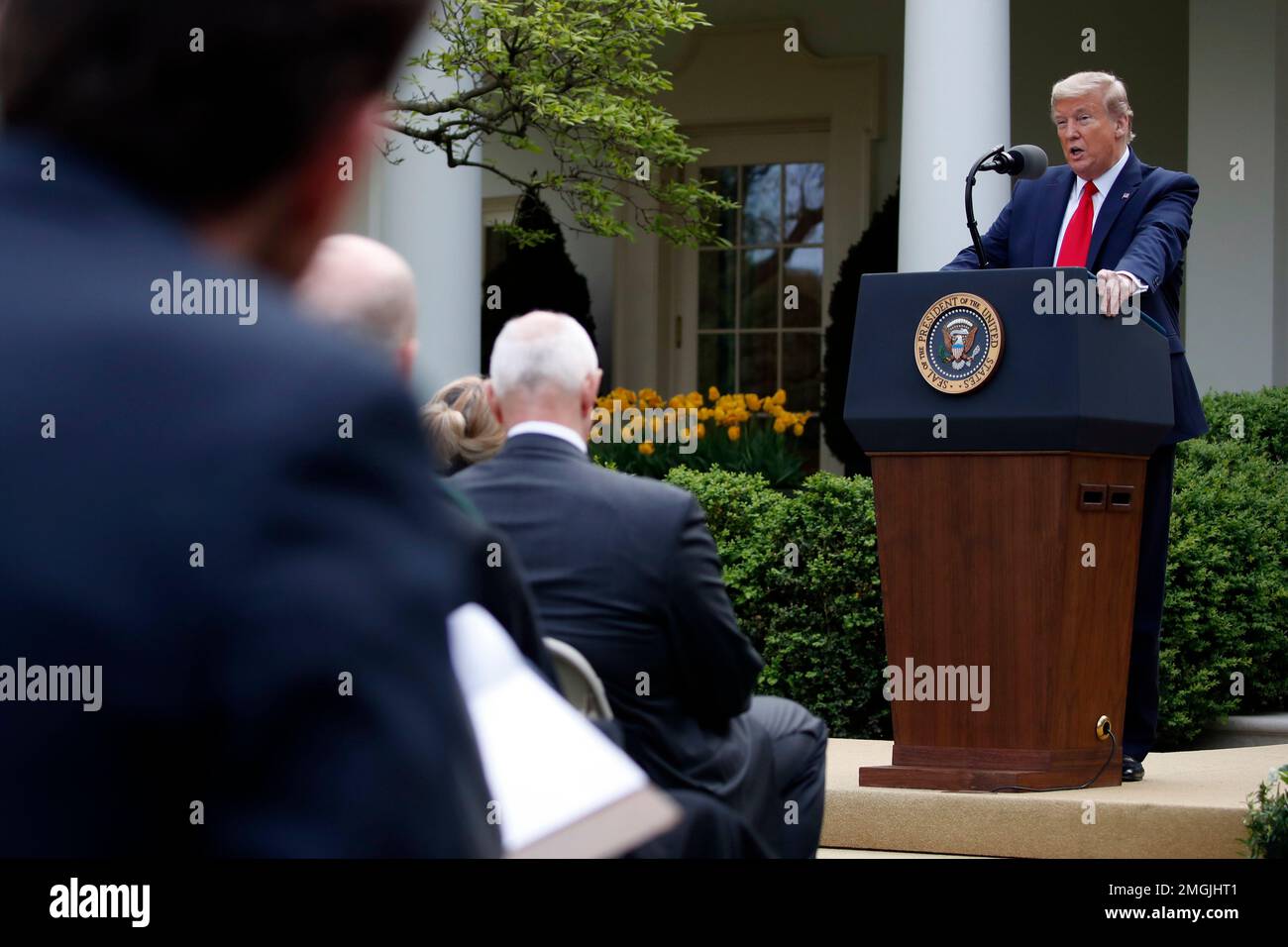 President Donald Trump speaks about the coronavirus in the Rose Garden ...