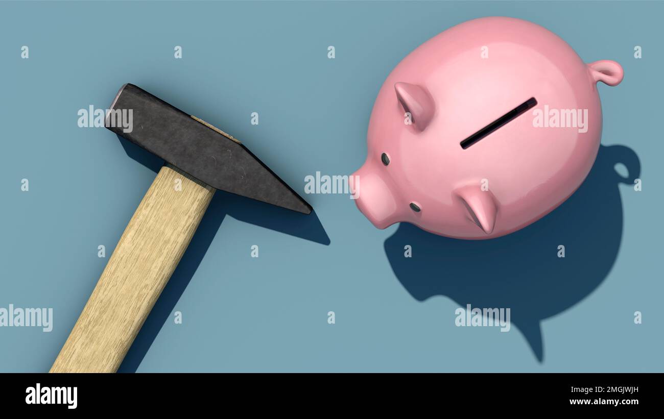 Hammer is next to the piggy bank Stock Photo - Alamy