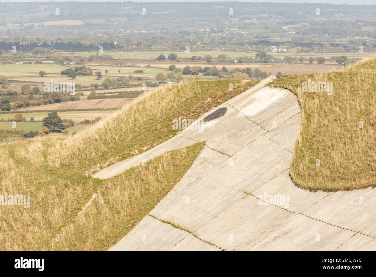 View from Westbury White Horse. Hill figure created by exposing white chalk on the escarpment of