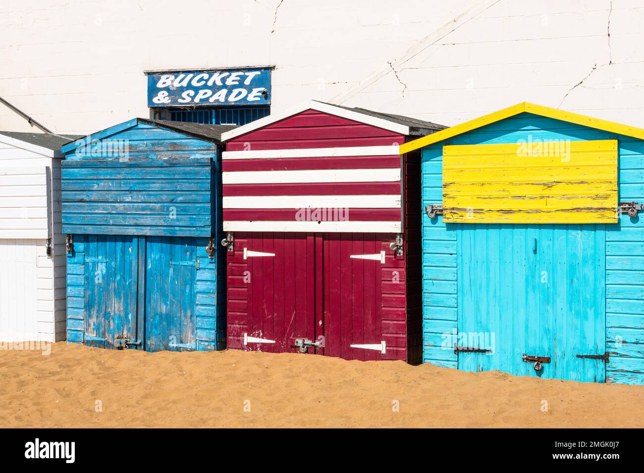 Colourful beach huts in Viking Bay, Broadstairs, Kent, England Stock