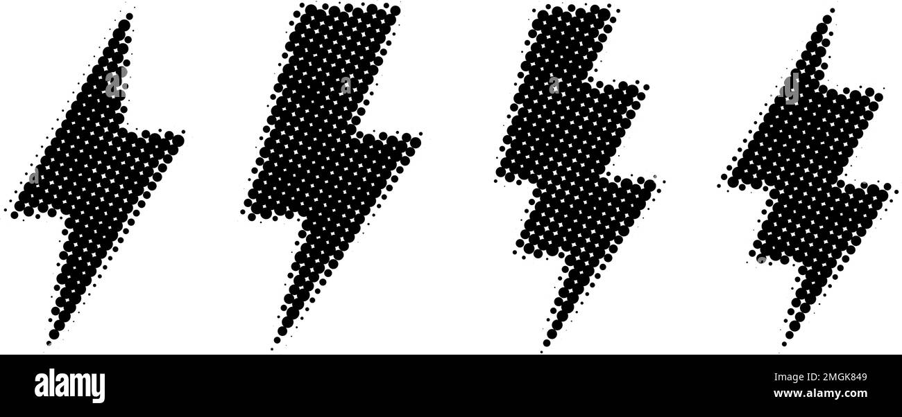 Halftone lightning bolt set. Black grunge thunderbolt collection. Textured flash symbols. Comic lightning strike signs. Vector  Stock Vector