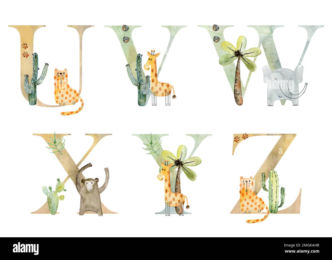 Watercolor safari animals letters for invitation card, nursery poster ...