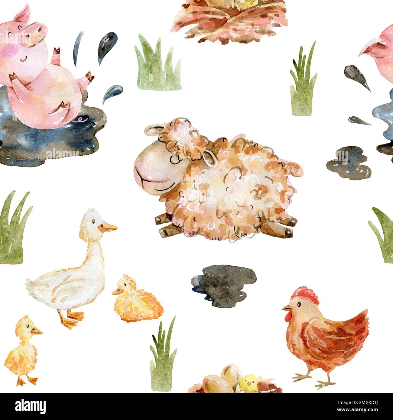 Watercolor farm seamless pattern with animals and leaves. Cute cartoon ...