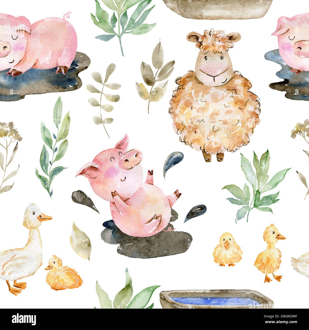 Watercolor farm seamless pattern with animals and leaves. Cute cartoon ...