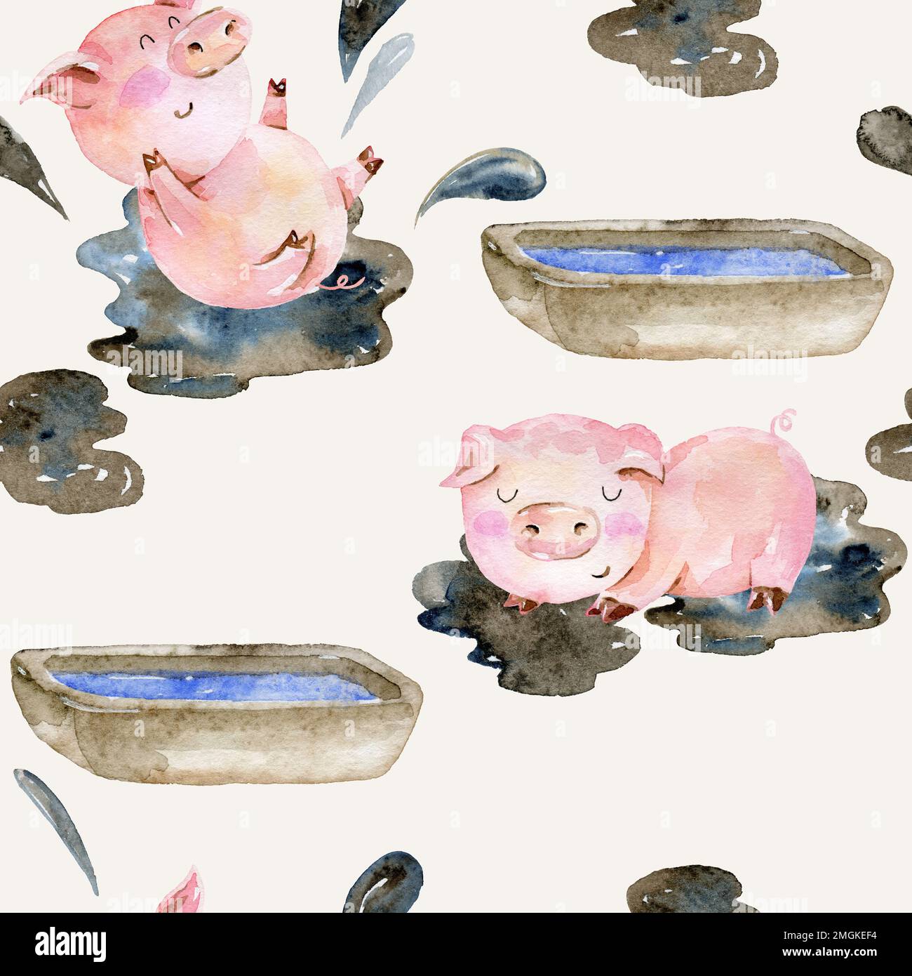 Watercolor farm seamless pattern with animals. Cute cartoon characters ...