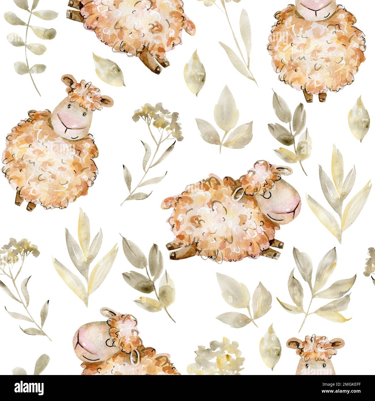Watercolor farm seamless pattern with sheeps. Cute cartoon characters ...