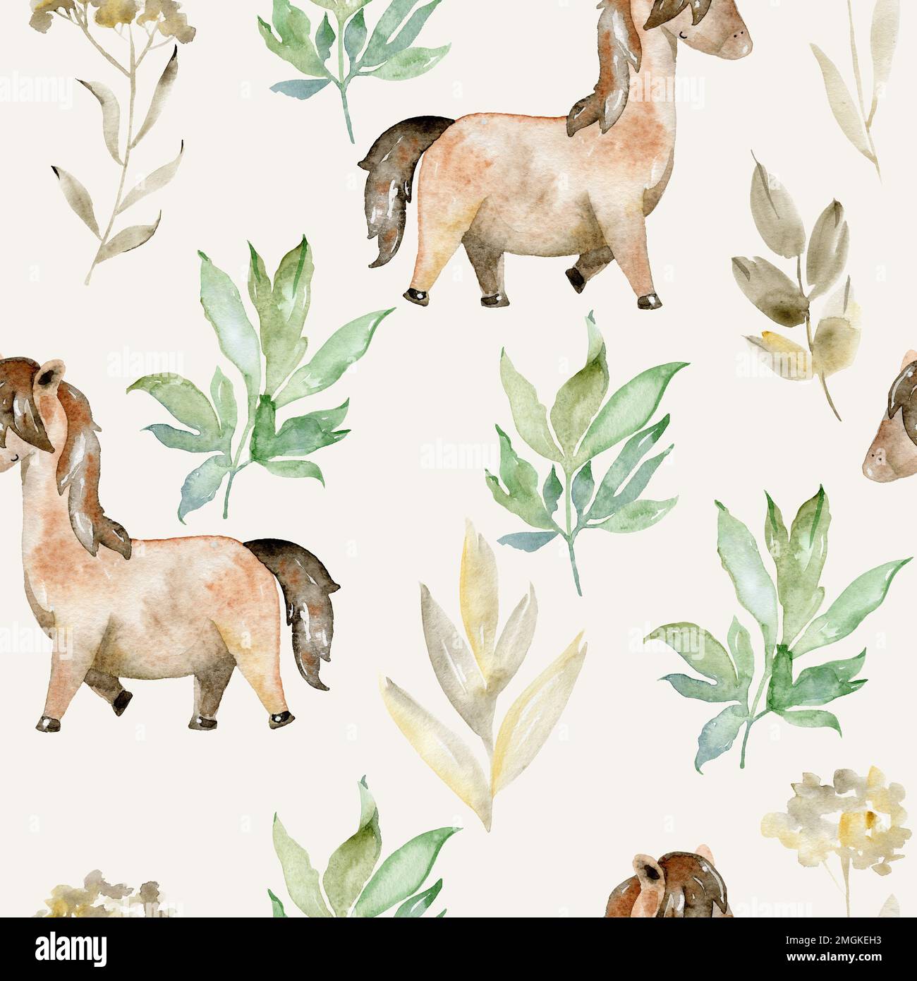 Watercolor farm seamless pattern with horse. Cute cartoon characters ...