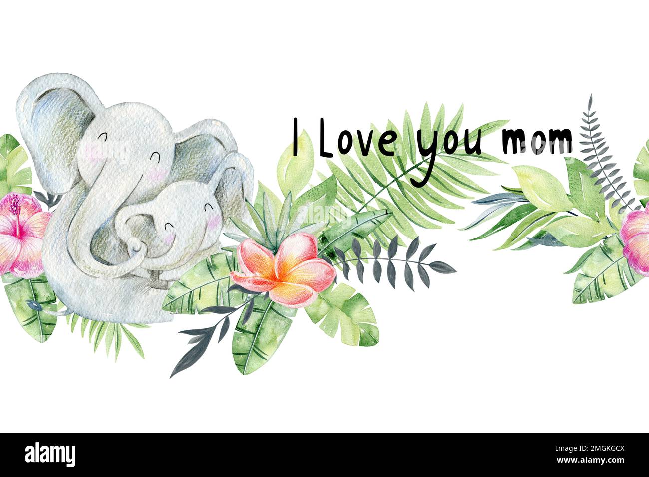 Seamless border. Watercolor elephant mom and baby Stock Photo - Alamy