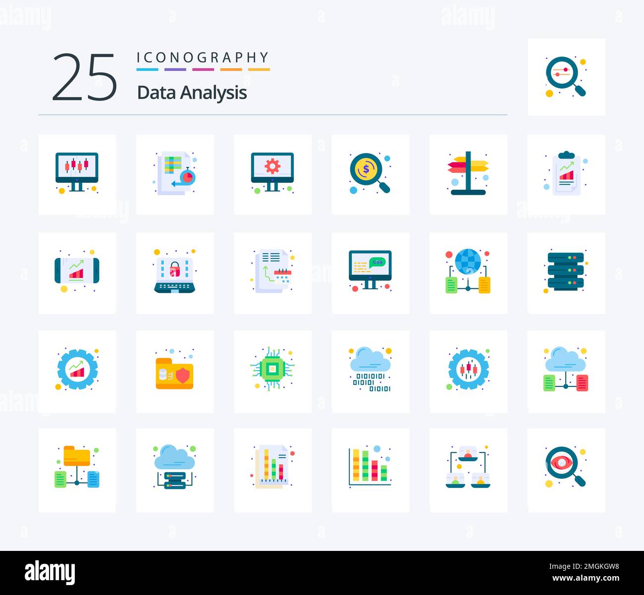 Data Analysis 25 Flat Color icon pack including indicator. search. timeline. money. setting