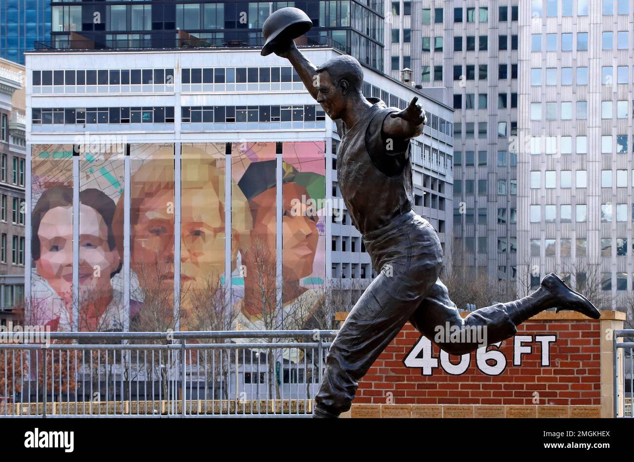 A statue outside PNC Park, the home of the Pittsburgh Pirates, depicts Pirates' Baseball Hall of