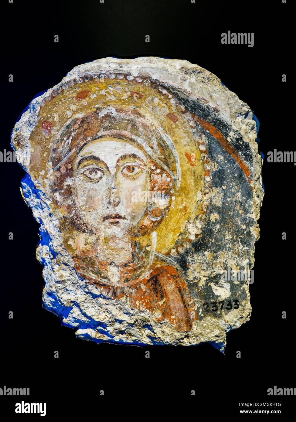 Image of Santa, fresco. XII-XIII century AD Important testimony of the new season of Byzantine painting in the Norman era, it depicts the image of a Saint, probably a Saint Barbara - Museo Archeologico Regionale Paolo Orsi - Syracuse, Sicily, Italy Stock Photo