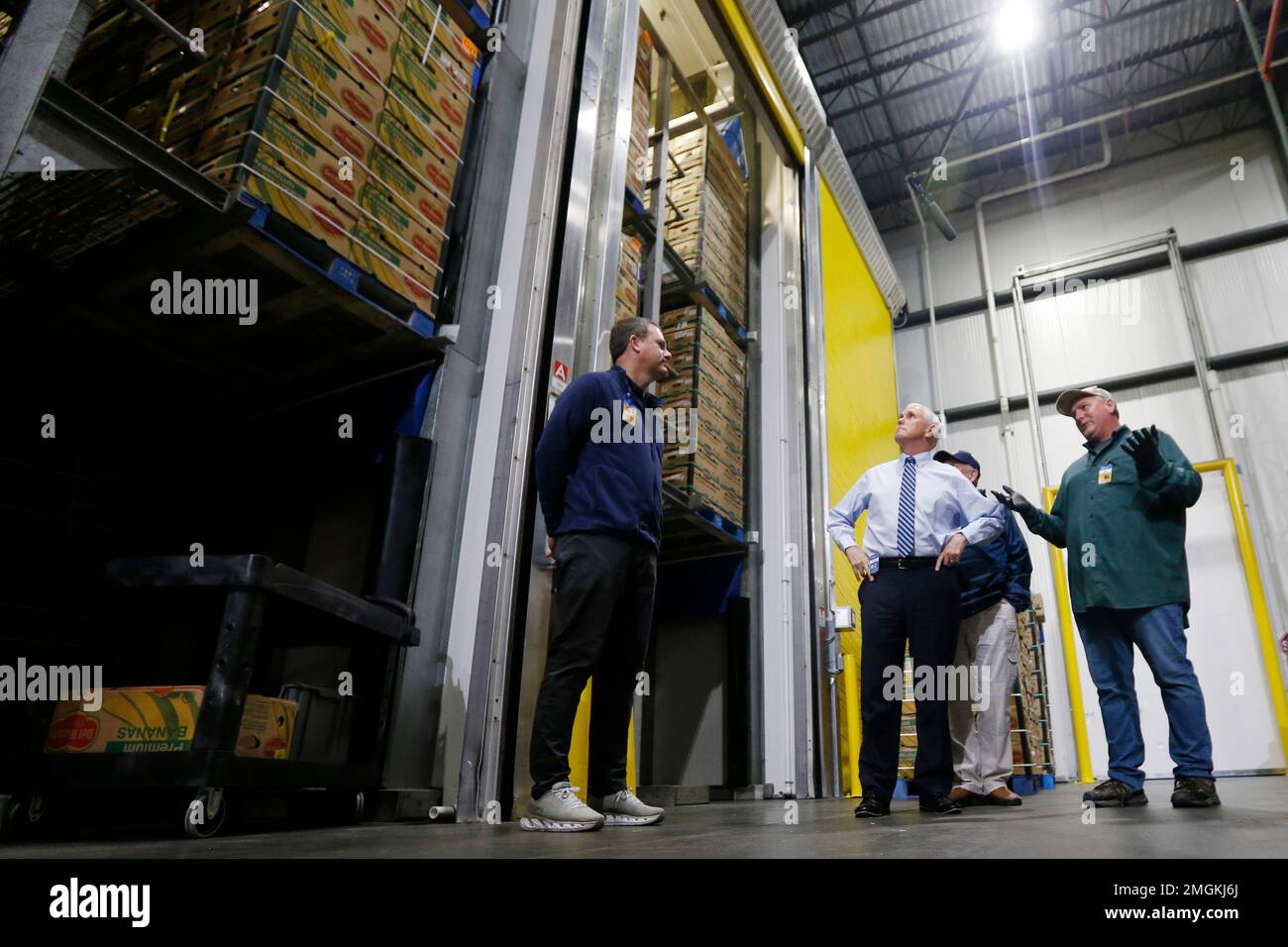 Vice President Mike Pence, center, looks over banana ripening bins at a