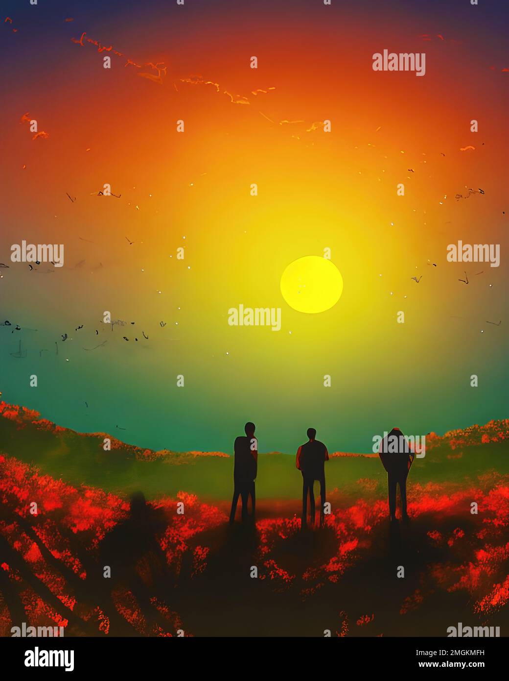 Group of people in silhouette standing at the hill in sunset looking at the sun and enjoying the evening, generative ai Stock Photo