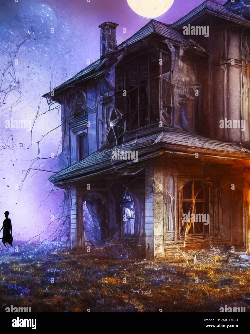 Spooky ghost figure in front of the old abandoned house at night. Generative ai illustration. Stock Photo