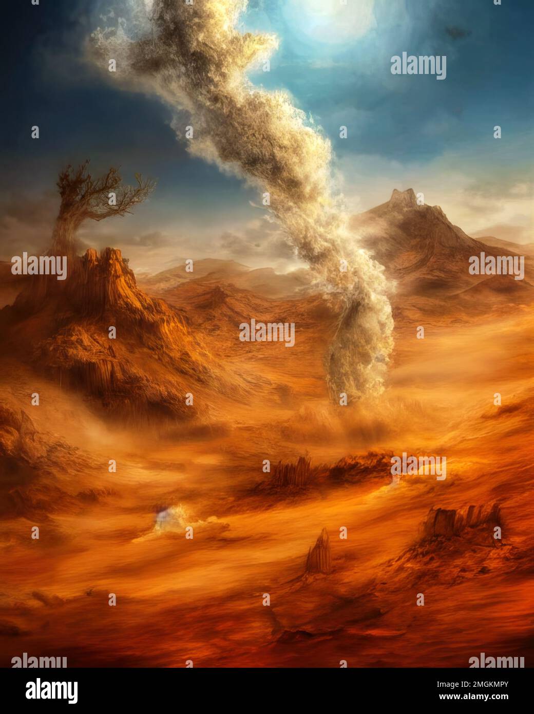 Huge dust cloud over the sandy desert landscape. Generative ai illustration. Stock Photo