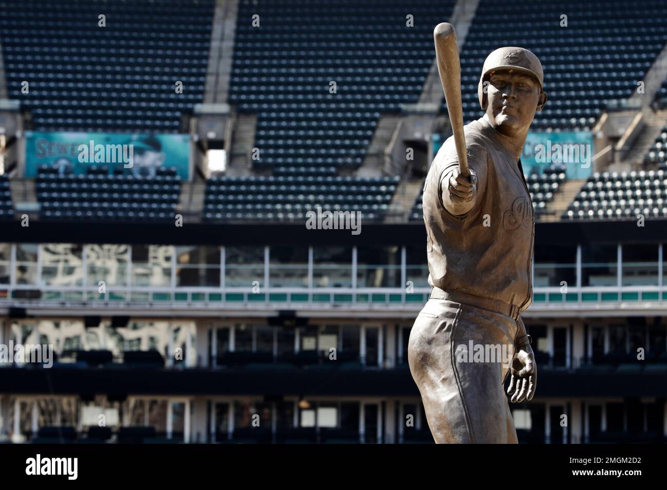 A statue of former Cleveland Indians Jim Thome stands in an empty