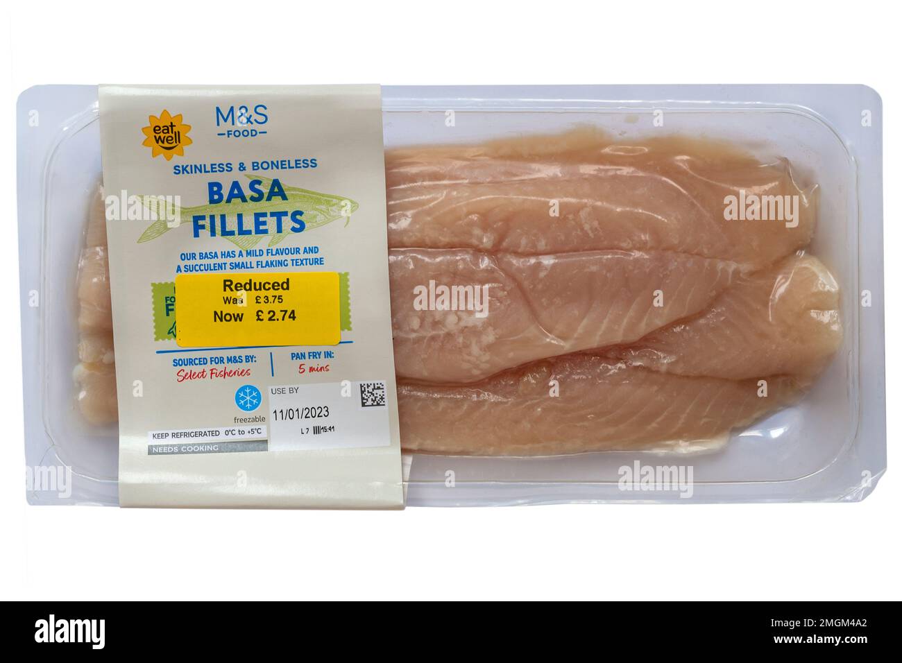 skinless & boneless Basa Fillets (Pangasius hypophthalmus) from M&S - our basa has a mild flavour and a succulent small flaking texture sold in UK Stock Photo