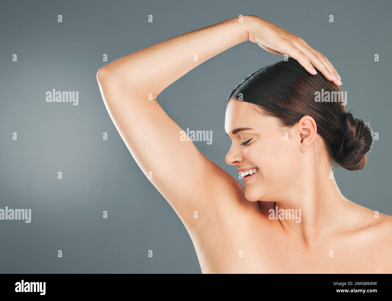 Smile, armpit and woman happy with wellness, health and body smell of a