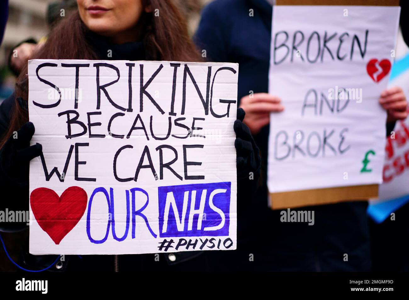 Members of the Chartered Society of Physiotherapy (CSP) on the picket line outside London's St Thomas' Hospital as they go on strike for the first time over pay. Picture date: Thursday January 26, 2023. Stock Photo