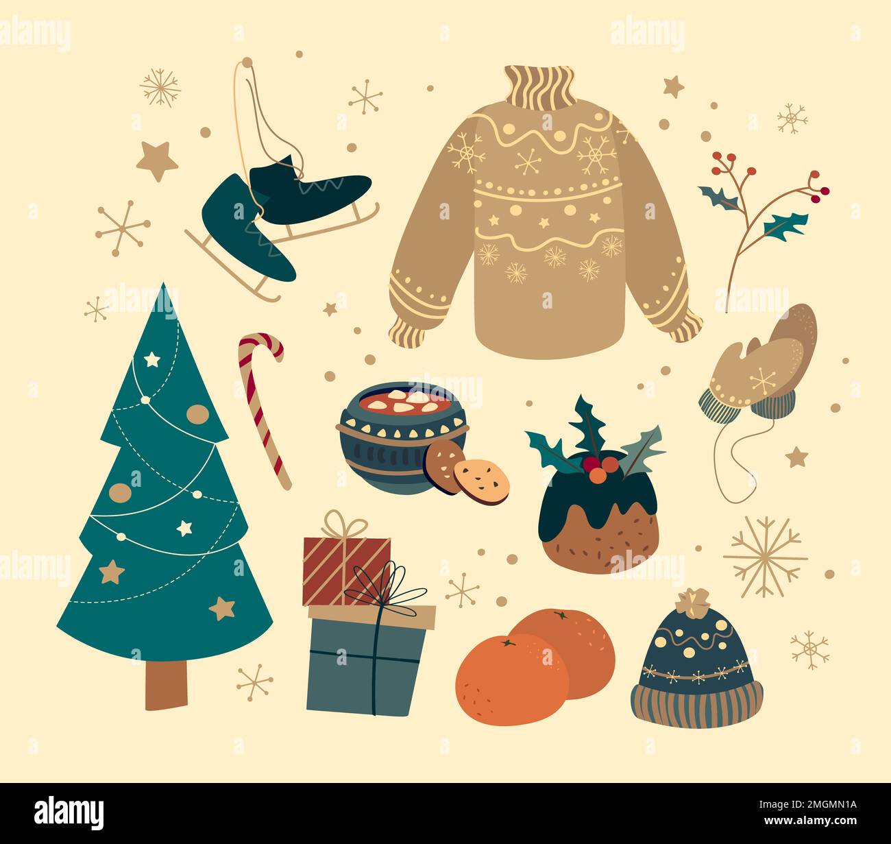 Happy New Year and Merry Christmas Hand Drawn Vector set.Collection of ...