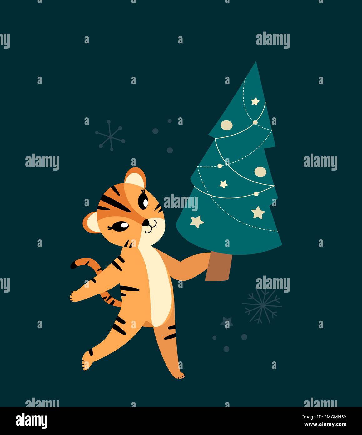 Chinese Tiger,Happy New Year Christmas Greeting Card.Cute Cartoon Cat with Christmas Tree.Chinese 2022 Symbol.Holiday Animal.Winter Atmosphere.Festive Stock Photo
