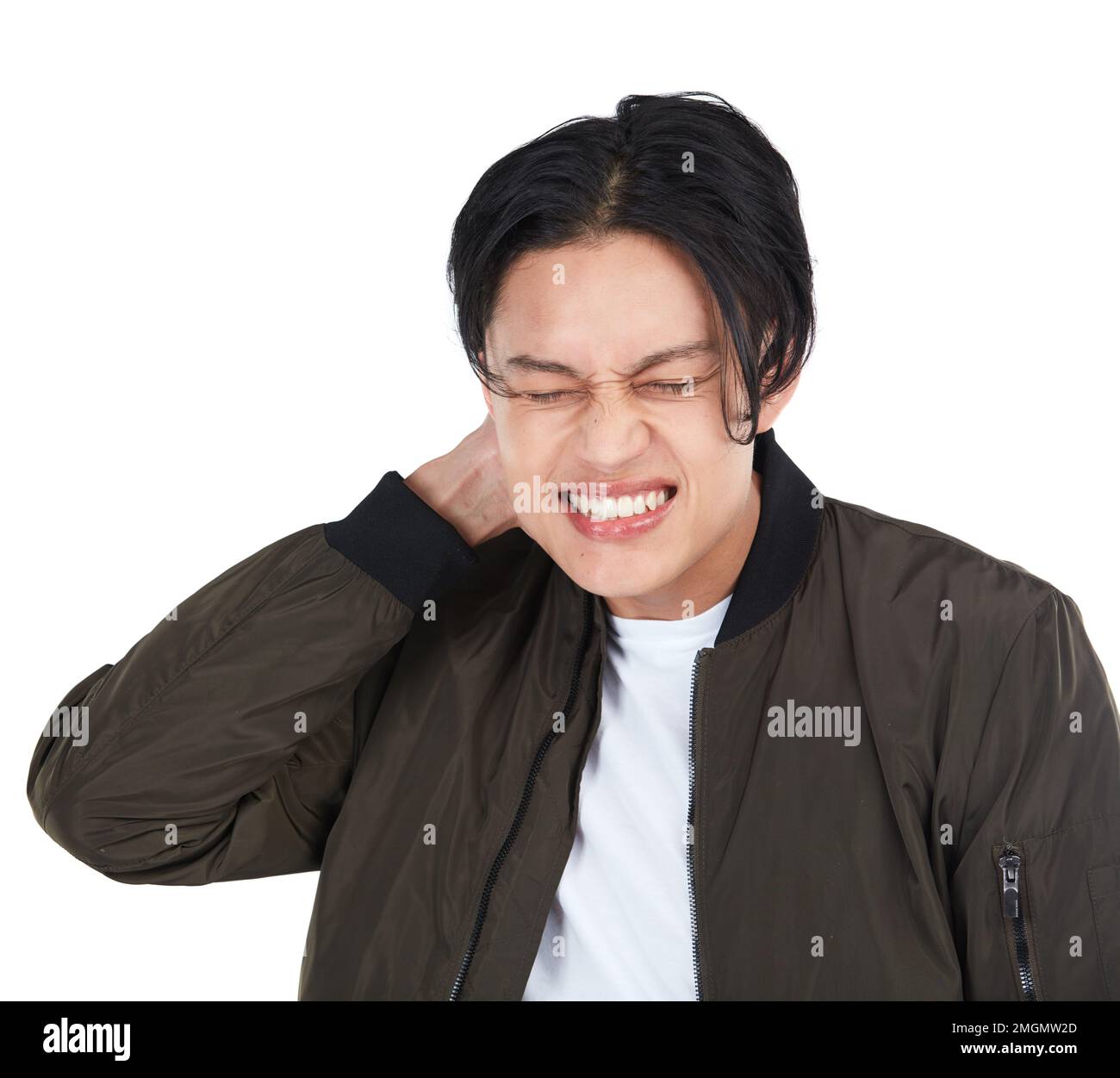 My neck. Neck pain, stress and man with muscle strain in isolated in