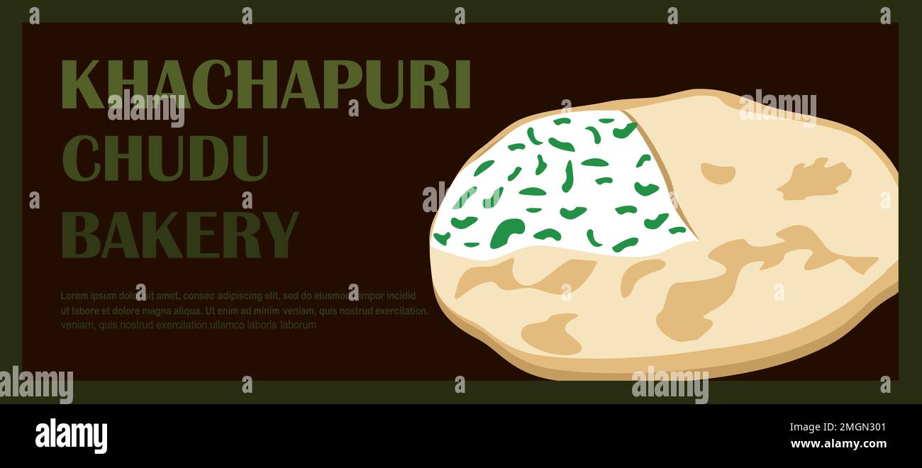 Traditional Osetian,Dagestani Caucasian pie flat bread.Filled with curd,cottage cheese,green.Flat Vector Illustration.Web banner template,tasty appeti Stock Photo