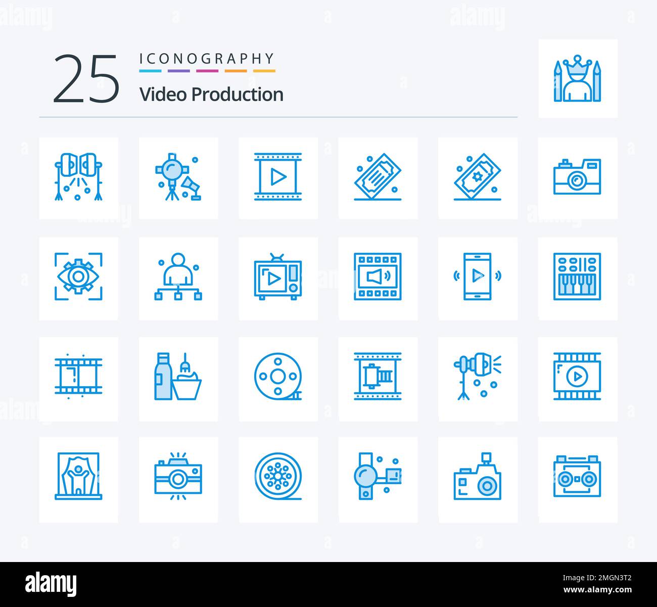 Video Production 25 Blue Color icon pack including photography. antique camera. movie. tickets. movie tickets Stock Vector