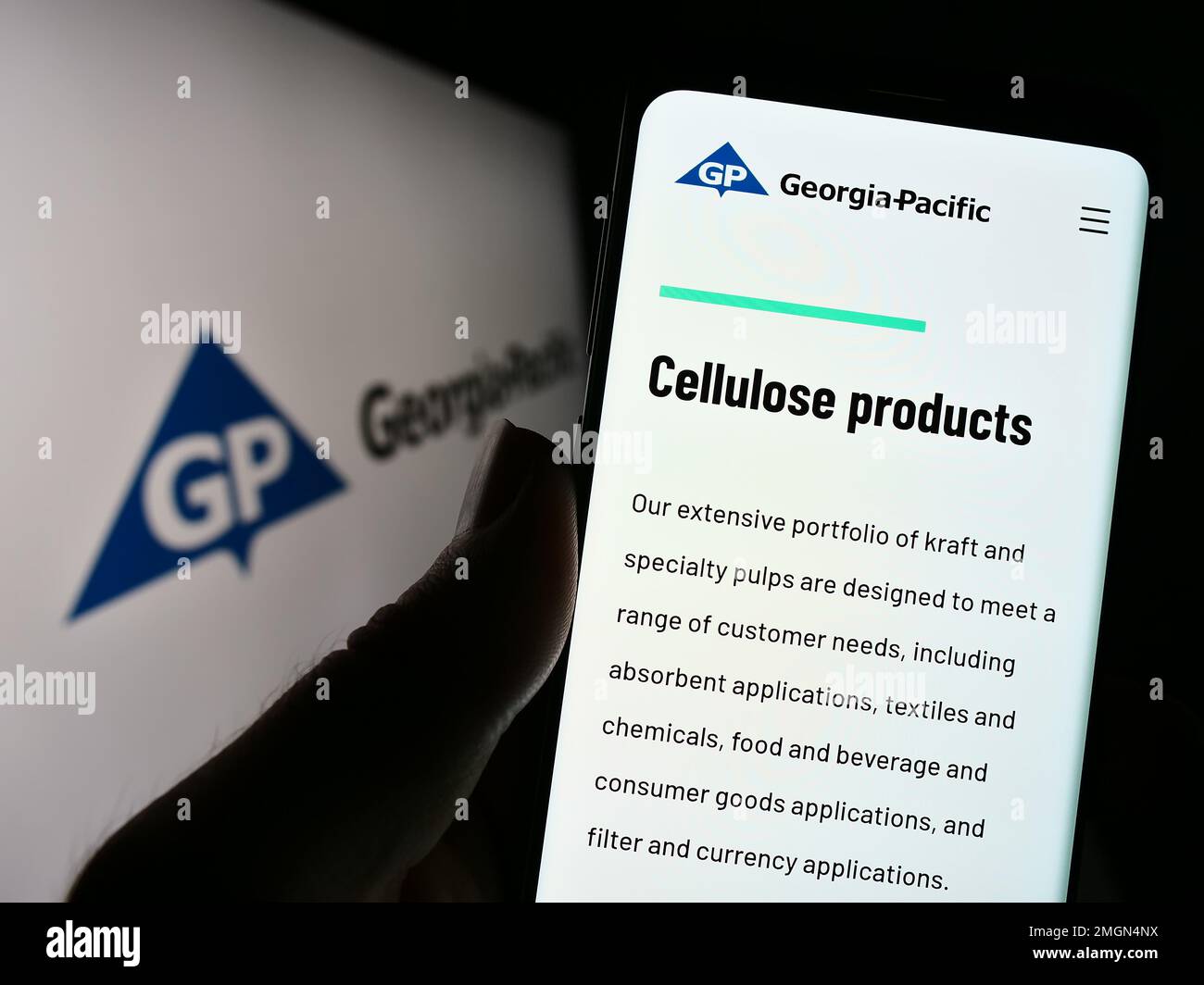 Person holding smartphone with webpage of US pulp and paper company Georgia-Pacific on screen in front of logo. Focus on center of phone display. Stock Photo