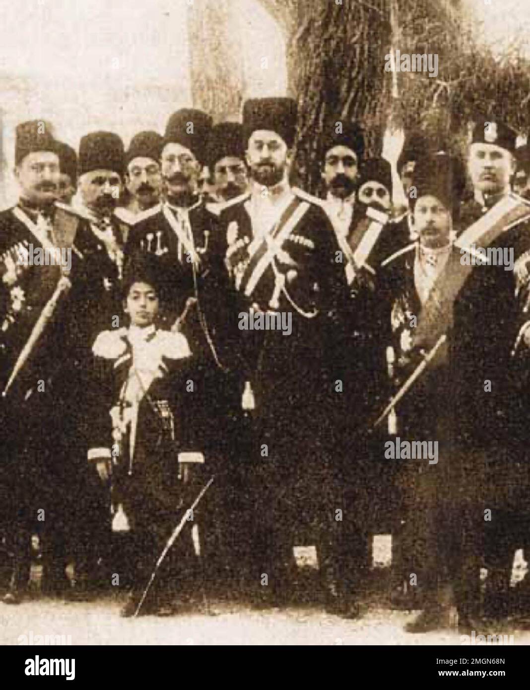 Liakhov with Alexander Setkhanian and Ahmad Shah Qajar, 1911 Stock Photo